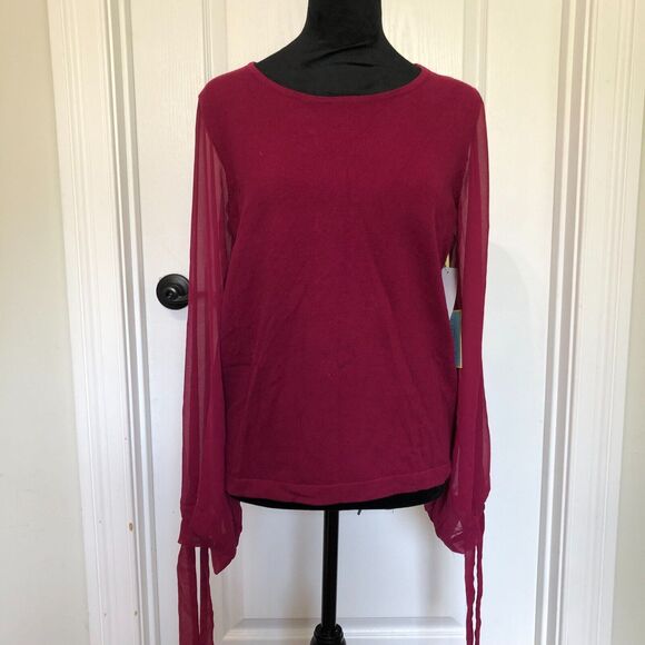 Cece Womens Blouse M Red Round Neck Tie Long Sleeve‎ Top Pullover NWT - Picture 1 of 9